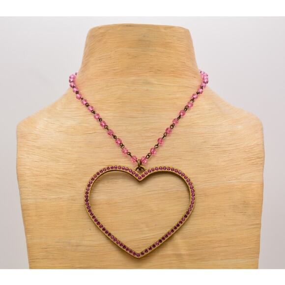 Sisi Amber Vintage Valentine Heart Necklace Pink Crystal Beaded Signed BinT - Picture 1 of 12